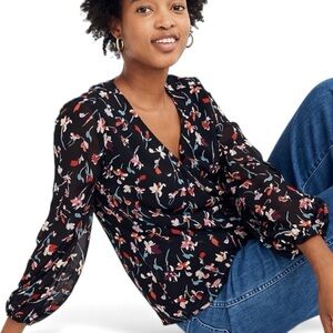 MADEWELL Black Floral Sheer Long Sleeve Elastic Cuff V-Neck Blouse Size Small